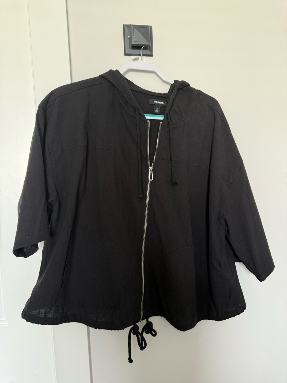 torrid Black Hooded Short Sleeved Utility Jacket with Drawstring